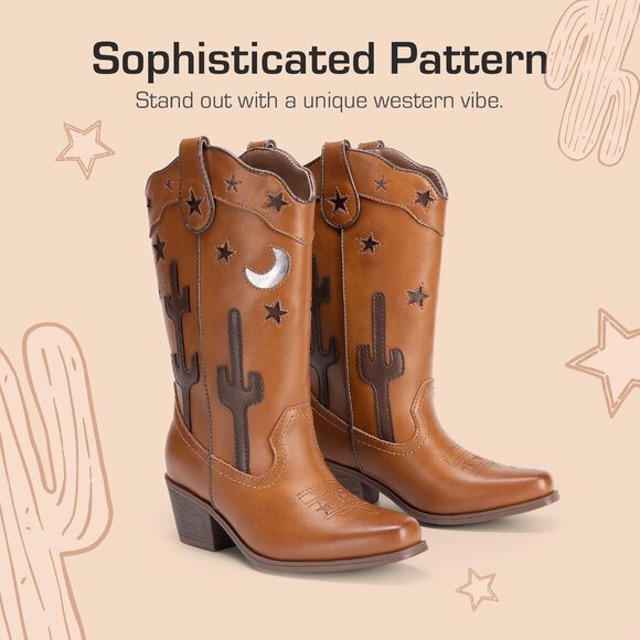 Girls Cowboy Boots Cowgirl Western Boots with Low Heel Square Toe for Little Kid - Picture 5 of 5